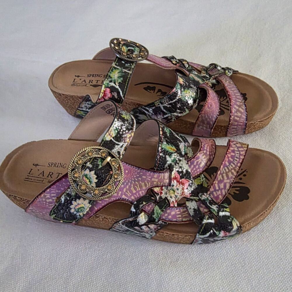 L'Artiste Women's Pink Navy Spring Step Swan Slide Sandals 41 10 Leather Floral - Picture 7 of 8